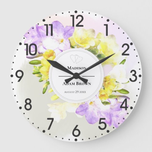 Watercolor Freesia Flowers Wedding Large Clock