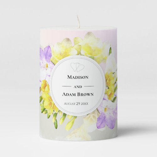 Watercolor Freesia Flowers Wedding Pillar Candle