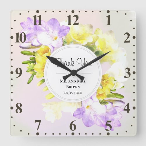 Watercolor Freesia Flowers Wedding Square Wall Clock