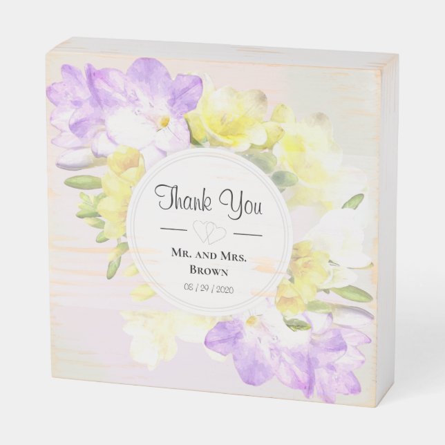 Watercolor Freesia Flowers Wedding Thank You Wooden Box Sign (Angled Horizontal)