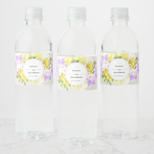 Watercolor Freesia Flowers Wedding Water Bottle Label