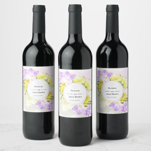 Watercolor Freesia Flowers Wedding Wine Label