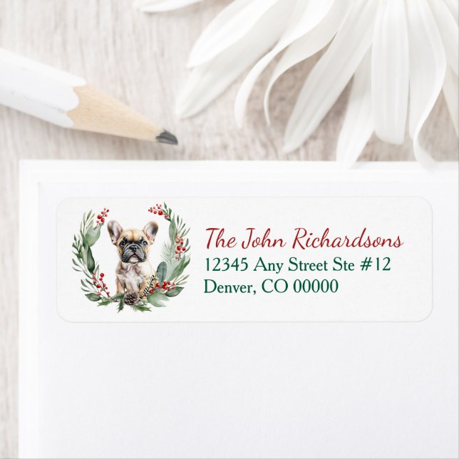 Watercolor French Bulldog Christmas Wreath Label (Insitu)