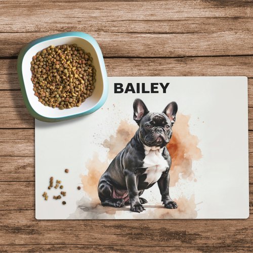 Watercolor French Bulldog Custom Name Dog Food Mat