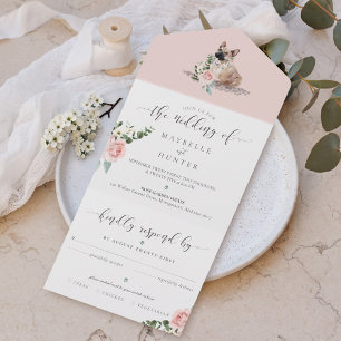 Watercolor French Bulldog Dog & Floral Pink Rose All In One Invitation