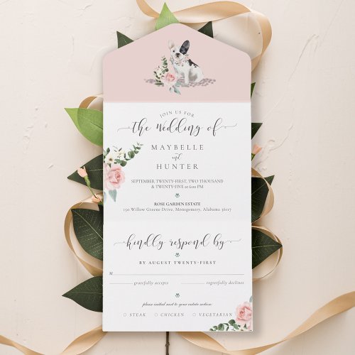 Watercolor French Bulldog Pet  Floral Pink Rose All In One Invitation