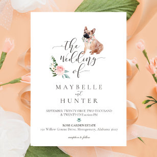 Watercolor French Bulldog Pet & Floral Pink Rose Invitation