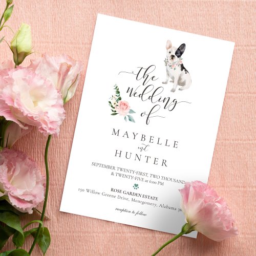 Watercolor French Bulldog Pet  Floral Pink Rose Invitation