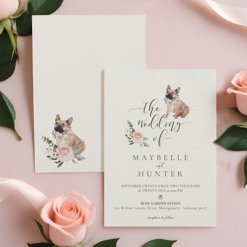 Watercolor French Bulldog Pet  Floral Pink Rose Invitation