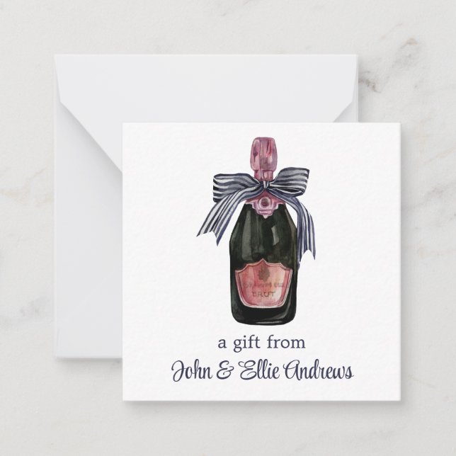 Watercolor French Champagne with Striped Bow Gift Note Card (Front)