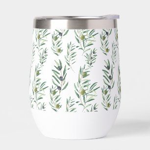 Watercolor French Country Chic Green Olive Pattern Thermal Wine Tumbler