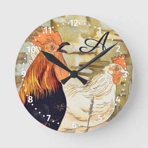 Watercolor French Country Colorful Rooster Round C Round Clock