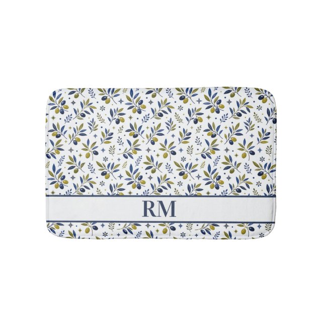 Watercolor French Country Olive Pattern Monogram Bath Mat (Front)