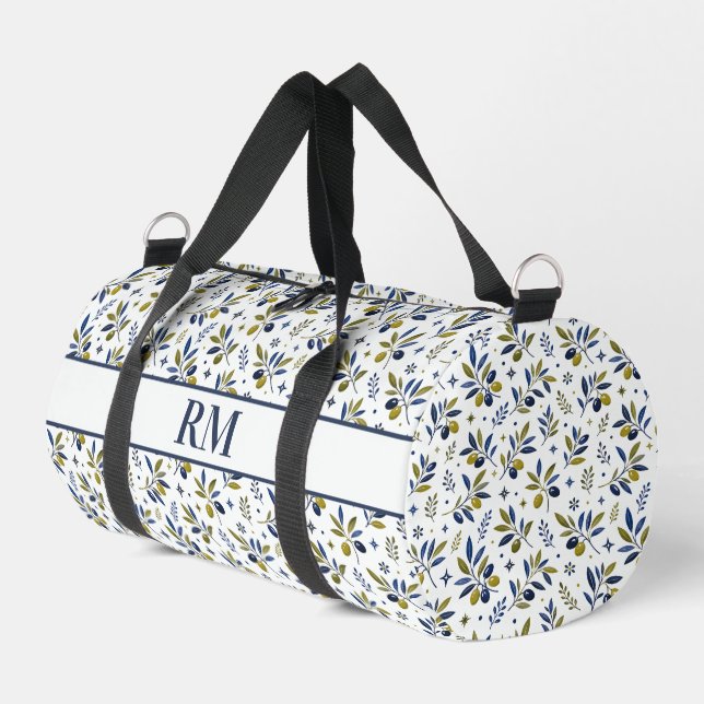 Watercolor French Country Olive Pattern Monogram Duffle Bag (Left Corner)