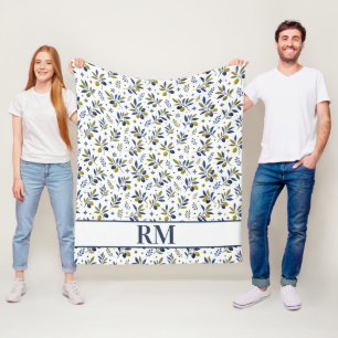 Watercolor French Country Olive Pattern Monogram Fleece Blanket
