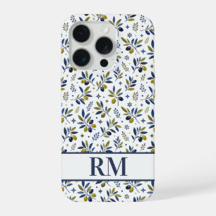 Watercolor French Country Olive Pattern Monogram iPhone 15 Pro Case
