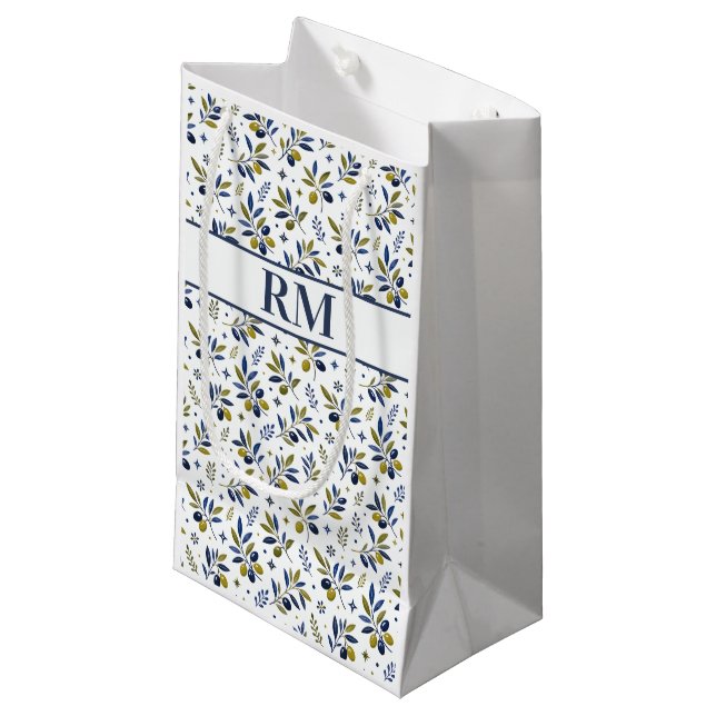 Watercolor French Country Olive Pattern Monogram Small Gift Bag (Front Angled)