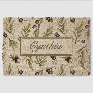 Watercolor French Country Olive Pattern Name Fiber Doormat