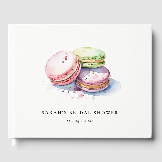 Watercolor French Macarons Bakery Bridal Shower Guest Book (Front)