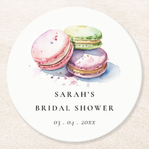 Watercolor French Macarons Bakery Bridal Shower Round Paper Coaster