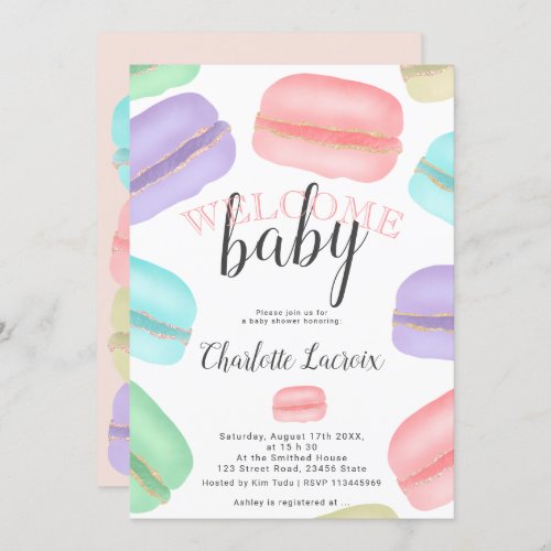 watercolor French macarons glitter baby shower Invitation