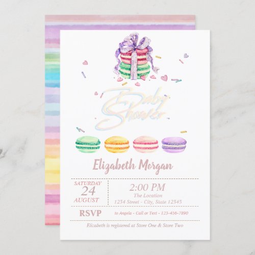 Watercolor French Macarons Stripes Baby Shower Invitation