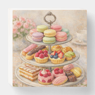 Watercolor French Pastry Tiered Tray with Pastel  Wooden Box Sign