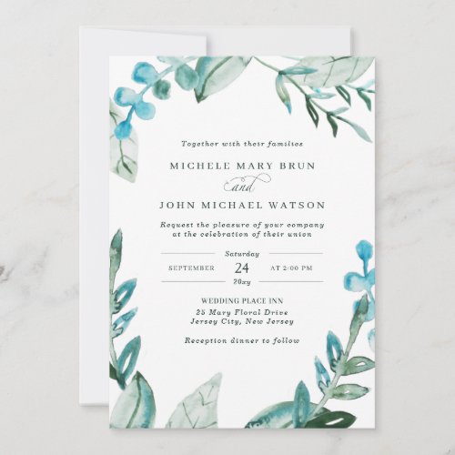 Watercolor Fresh Blue Greenery Leaves Wedding Invitation