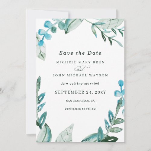 Watercolor Fresh Blue Greenery Leaves Wedding Save Save The Date