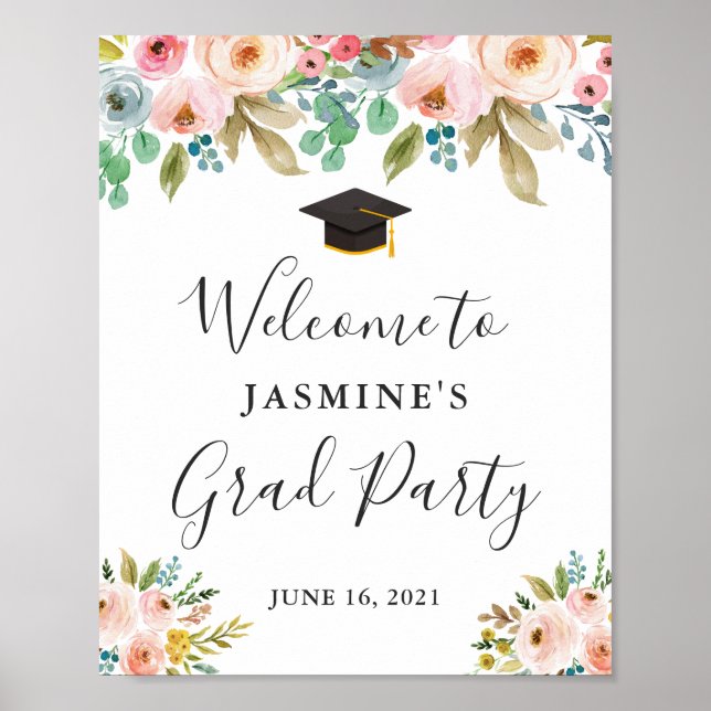 Watercolor Fresh Chic Floral Graduation Party Sign (Front)