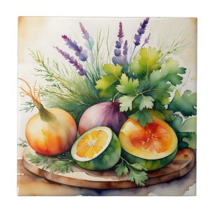 Watercolor Fresh Herbs Citrus Arrangement Ceramic Tile