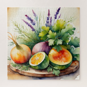 Watercolor Fresh Herbs Citrus Arrangement Jigsaw Puzzle