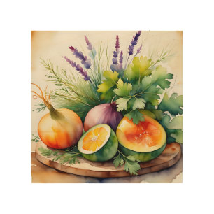 Watercolor Fresh Herbs Citrus Arrangement Wood Wall Art