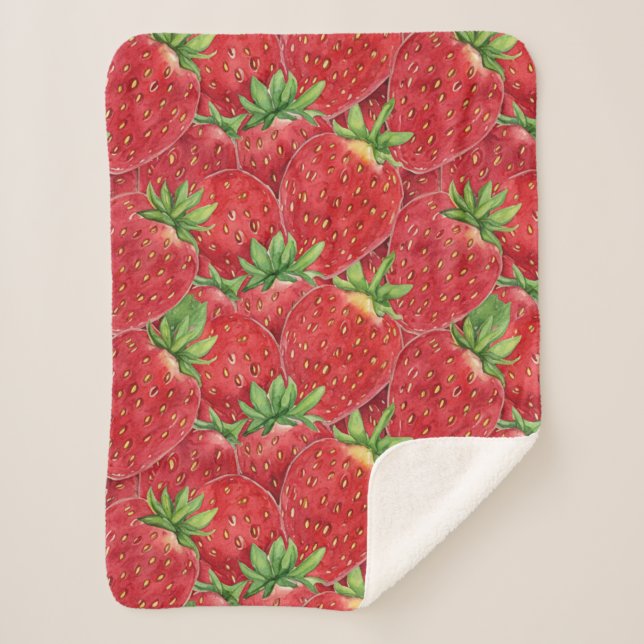 Watercolor Fresh Strawberry Patch Seamless Pattern Sherpa Blanket (Front)