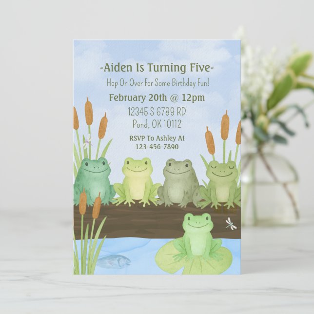 Watercolor Frog and Toad Pond Birthday Invitation (Standing Front)