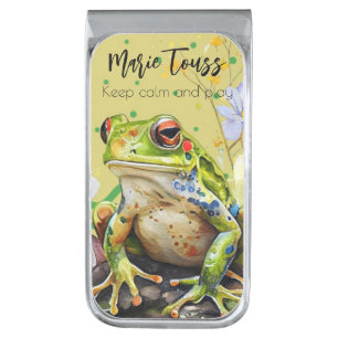 Watercolor Frog Funny Custom Text & Name Silver Finish Money Clip