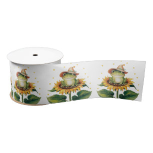 Watercolor Frog Sitting On a Sunflower Satin Ribbon