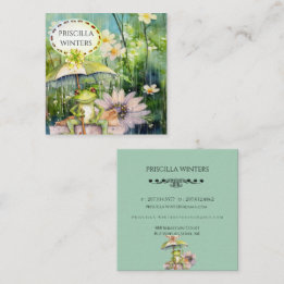 Watercolor Frog Umbrella Rain Teal Square Business Card