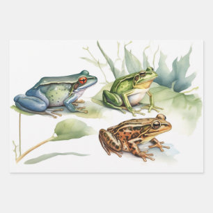 Watercolor Frog with Tropical Flowers Wrapping Paper Sheets