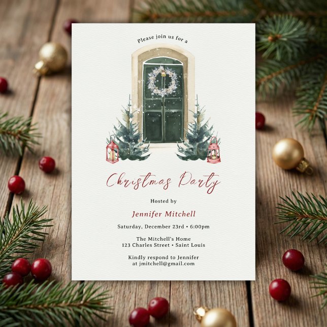 Watercolor Front Door Christmas Party Invitation (Watercolor Front Door Christmas Party Invite • Wreath & Lanterns (Personalized))