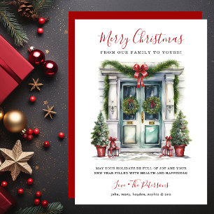 Watercolor Front Door Merry Christmas Holiday Card