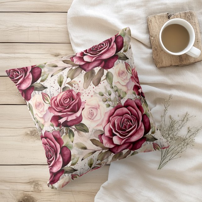 Watercolor Frosty Rose Bouquet Throw Pillow (Creator Uploaded)