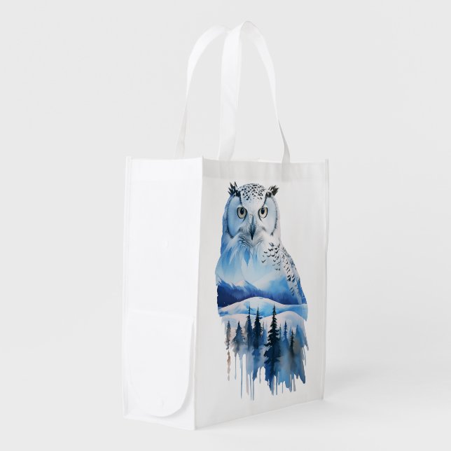 Watercolor Frozen Tundra Snowy Owl Grocery Bag (Front Side)