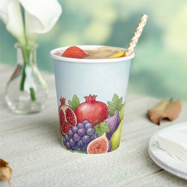 Watercolor Fruit Abundance, Tu Bishvat Background Paper Cups (Insitu)