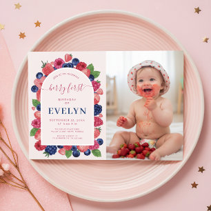 Watercolor Fruit Baby Photo Berry First Birthday Invitation