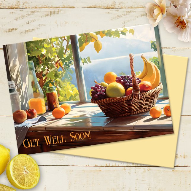 Watercolor Fruit Basket Get Well Soon Card (Get Well Soon card featuring a watercolor painting of a fruit basket overlooking the ocean)