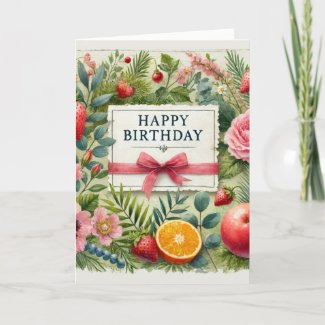 Watercolor Fruit Flowers Greenery Happy Birthday 