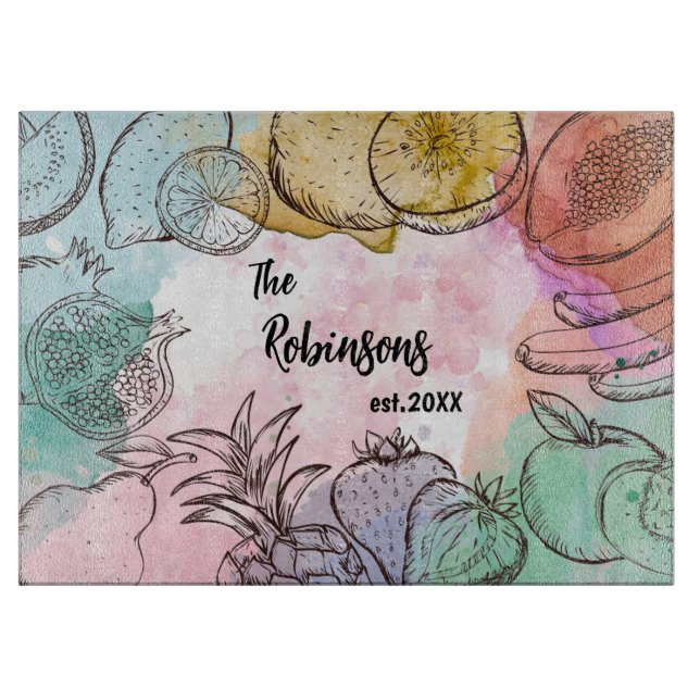 Watercolor Fruit Personalized Festive Cutting Board (Front)