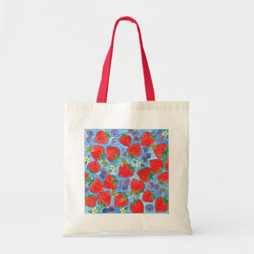 Watercolor Fruit Strawberries Blueberries Bees Tote Bag