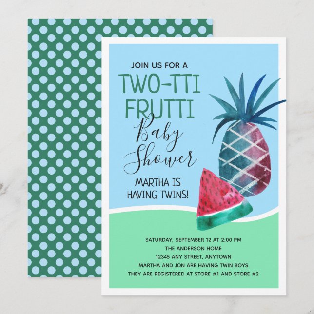 Watercolor Fruit Two-tti Fruiti Twins Baby Shower Invitation (Front/Back)